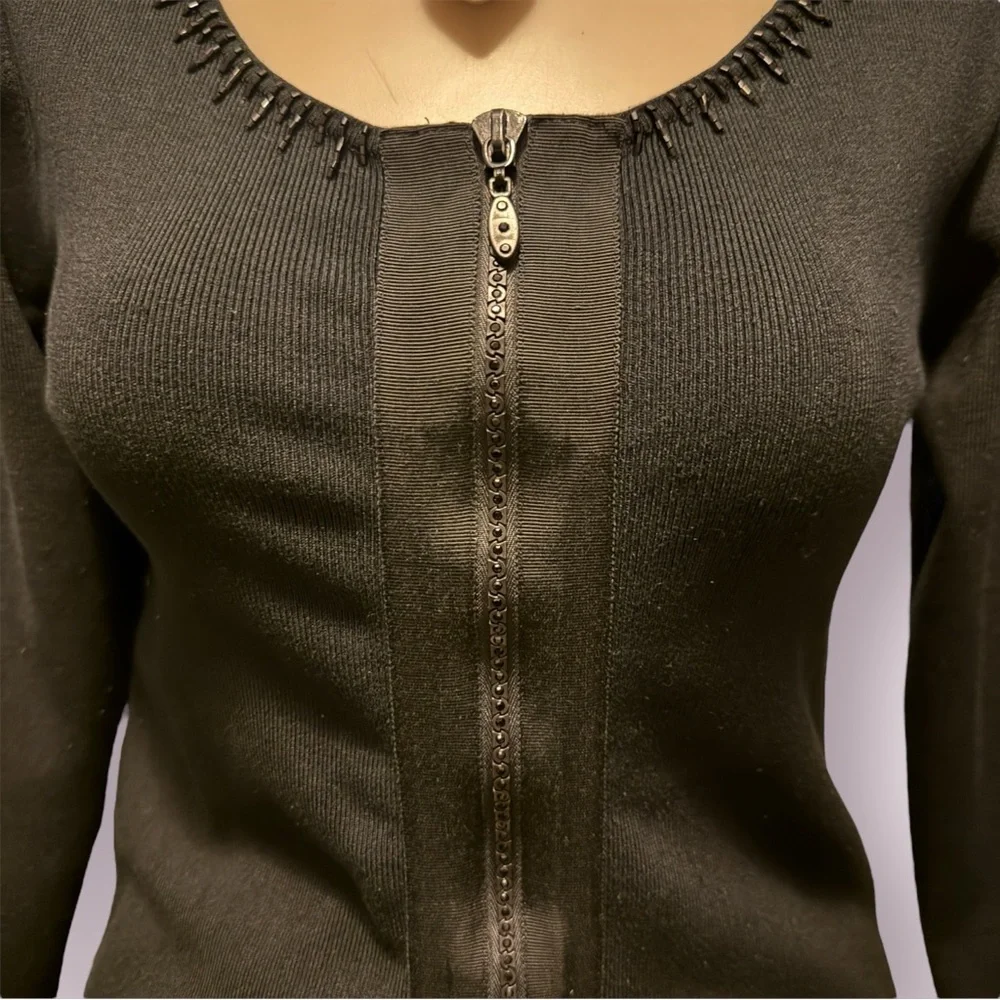 Vintage Cache Y2K Black Silk Beaded Knit Blouse with Zip-Up Detail - Picture 8 of 15